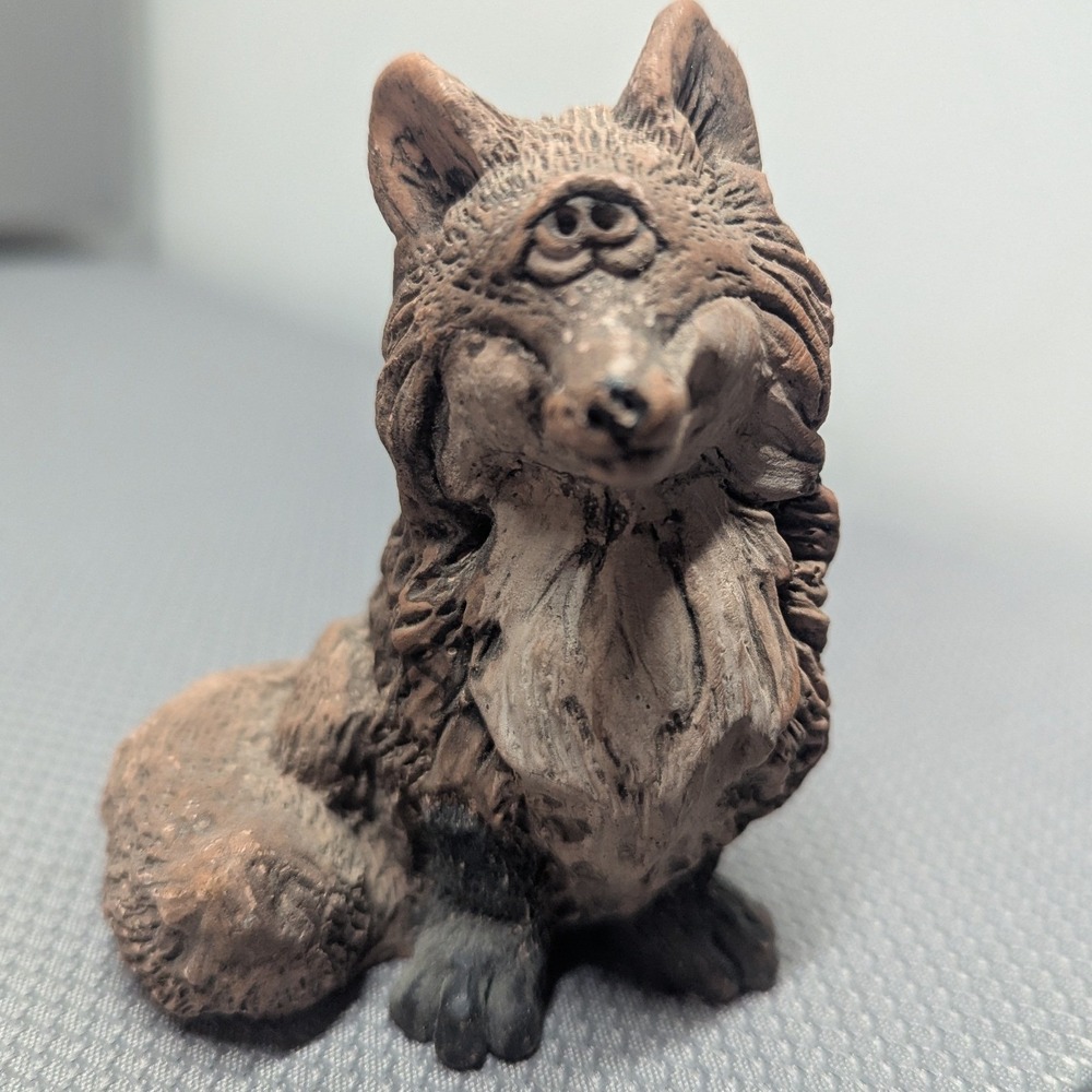 VTG DJ Clay Fox Crazy Eyes Brown Sculpted Figurine Rustic Folk Art Trinket
